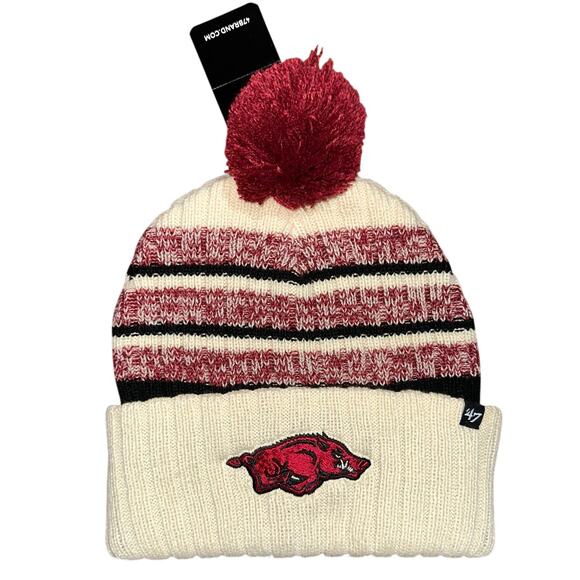NWT 47 Brand Arkansas Razorbacks Ivory Tavern Cuff Unisex Knit Pom Hat - Picture 1 of 8